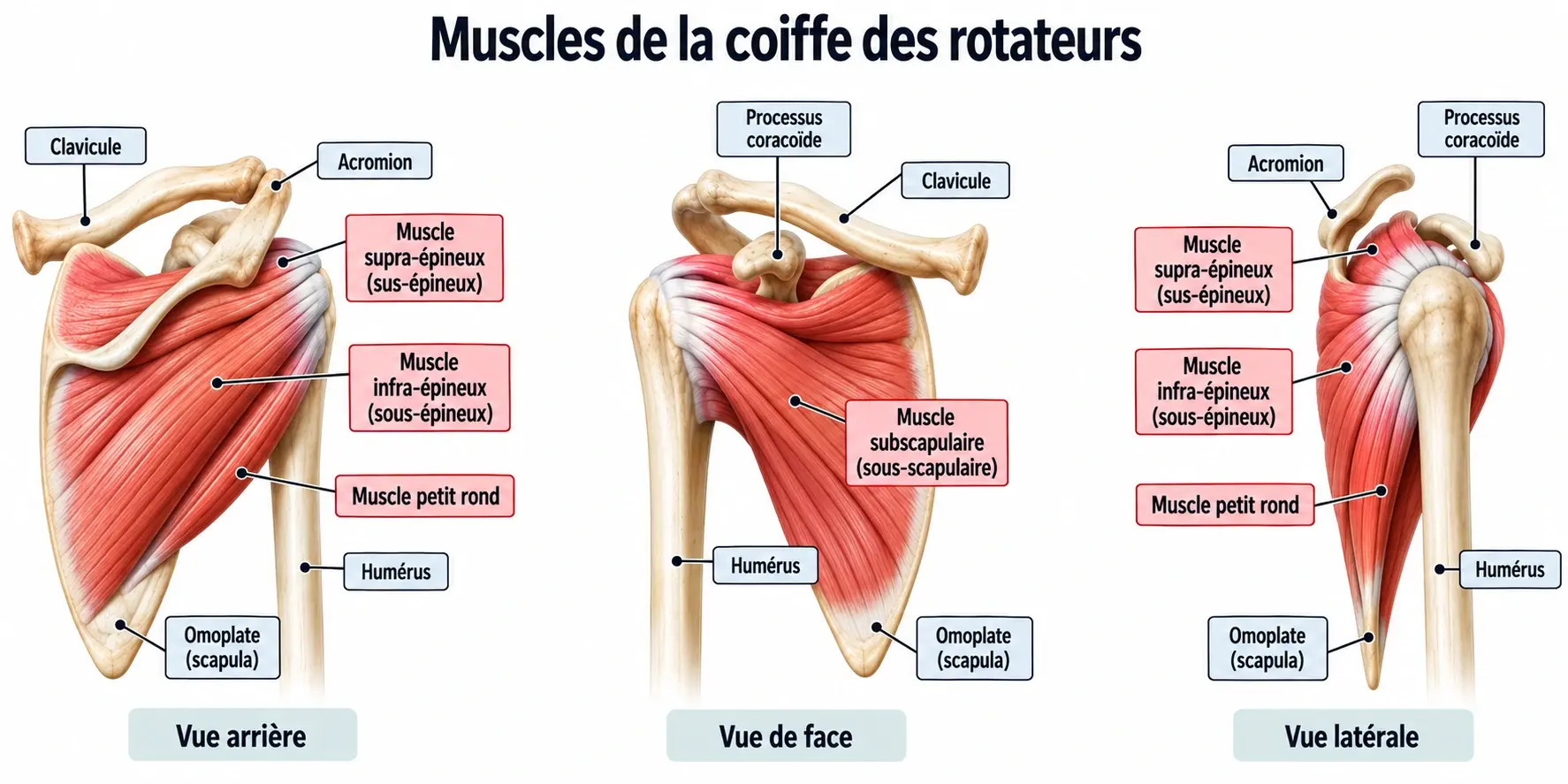 Anatomische Darstellung der Rotatorenmanschette der Schulter mit drei Ansichten: von hinten, von vorne und von der Seite. Die Abbildung zeigt die wichtigsten Muskeln der Rotatorenmanschette – Supraspinatus, Infraspinatus, Teres minor und Subscapularis – sowie die wichtigsten knöchernen Strukturen: Schlüsselbein, Akromion, Coracoidfortsatz, Oberarmknochen und Schulterblatt (Scapula).